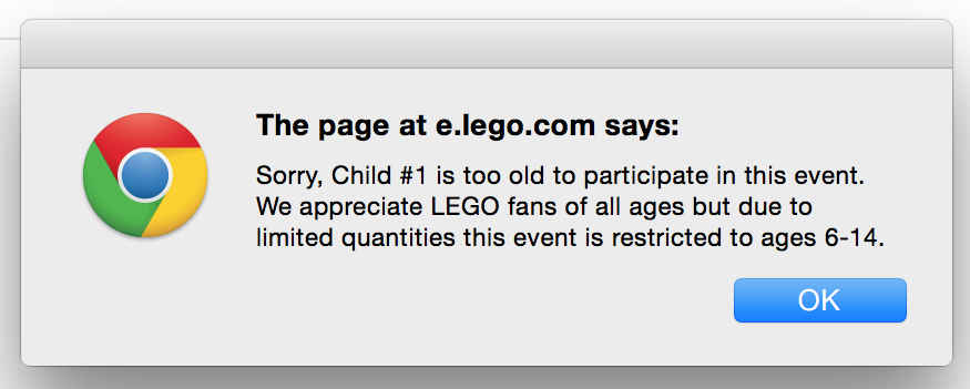 LEGO Monthly Mini Build Over 14 Age Limit Warning